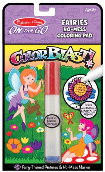 Melissa & Doug ColorBlast fairies no-mess coloring pad packaging with fairy illustrations and a marker.