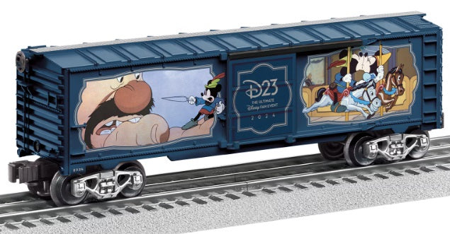 Disney's D23 Mickey Mouse themed boxcar with die-cast metal trucks and opening doors, set on tracks.