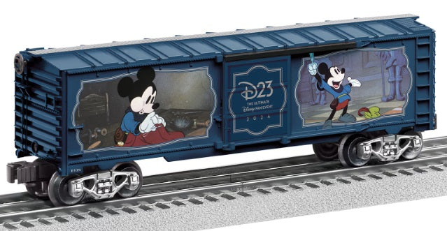 Disney's D23 Mickey Mouse themed boxcar with die-cast metal trucks and opening doors, set on tracks.