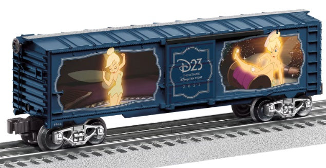 Disney's D23 Tinkerbell themed boxcar with die-cast metal trucks and opening doors, set on tracks.