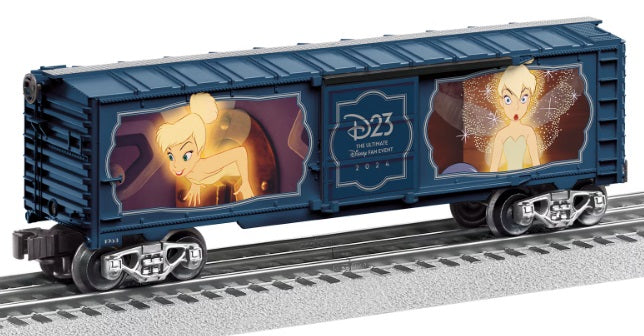 Disney's D23 Tinkerbell themed boxcar with die-cast metal trucks and opening doors, set on tracks.