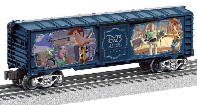 Scale model of a train boxcar with pictures from Toy Story movie.