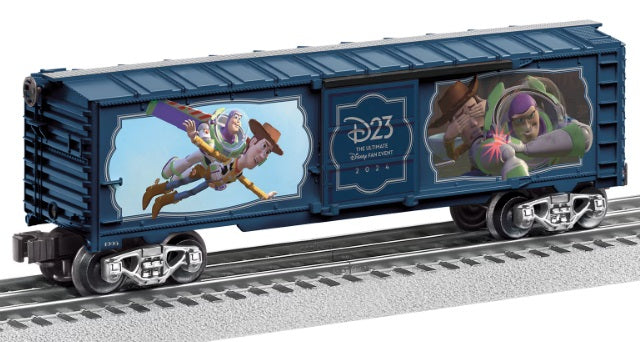 Scale model of a train boxcar with pictures from Toy Story movie.