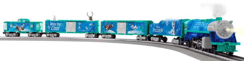O Scale train set with Frozen's Olaf and Sven on it.