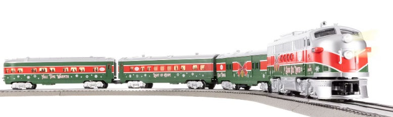 Silver, red, and green passenger train set.