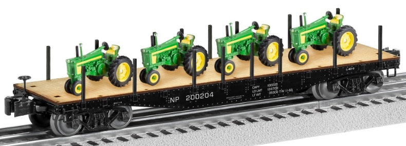 Model of a Northern Pacific Flat car with John Deere Tractor load.