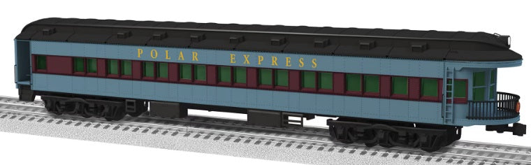 Model of Polar Express Observation car with black roof.