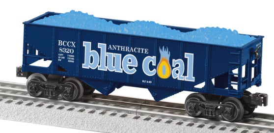 Lionel model train car of blue coal hopper.