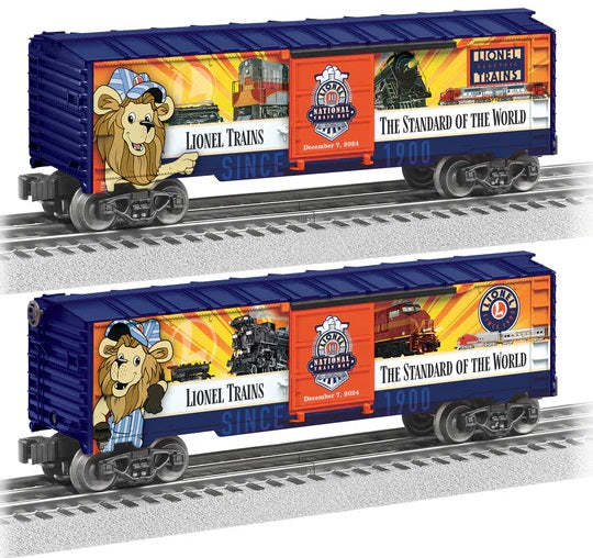 A model boxcar train car with decorations featuring a cartoon lion, train tracks, and the text 'Lionel Trains Since 1907 The Standard of the World'. 
