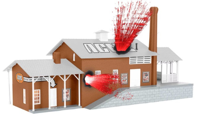 Model of ACME Dynamite factory with fake red explosions.