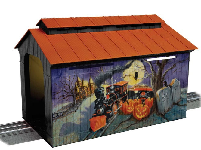 A Halloween themed covered bridge for O scale model trains.