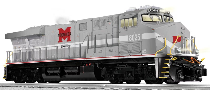 Model of a Monongahela ES44 diesel locomotive with a heritage paint scheme.