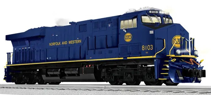 Model of blue and yellow Norfolk and Western ES44 engine.