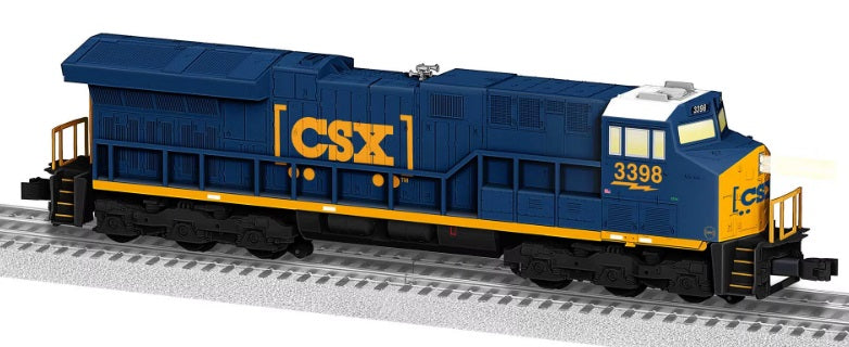 A model of a CSX diesel engine train with blue and yellow color scheme, number 3398, on tracks.