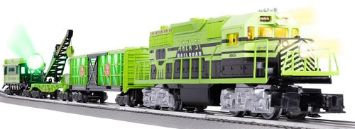 Area 51 themed train on train track.