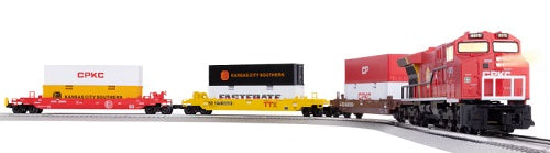 Model train of a red diesel engine with 3 maxi Stack train cars.