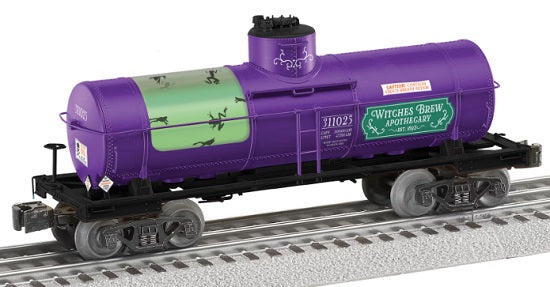 Purple tank car with "Witches Brew Apothecary" on the side.