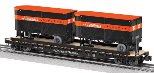 Two black and orange "Frightliner" trailers on flat car.