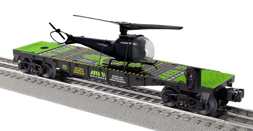 Area 51 themed flat car with helicopter.