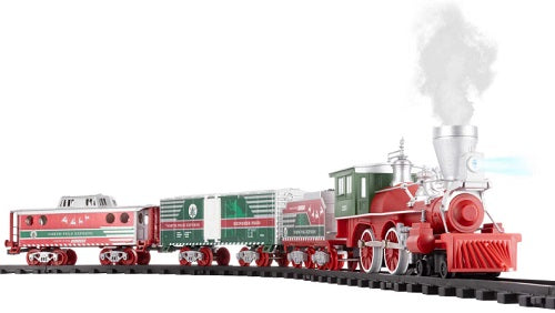 Red, green, and silver toy train.