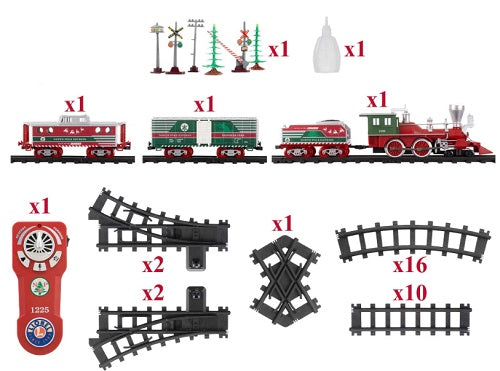 Components of train starter set including tracks, a train set, and signaling equipment on a white background.