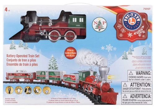 Red and green toy train in package.