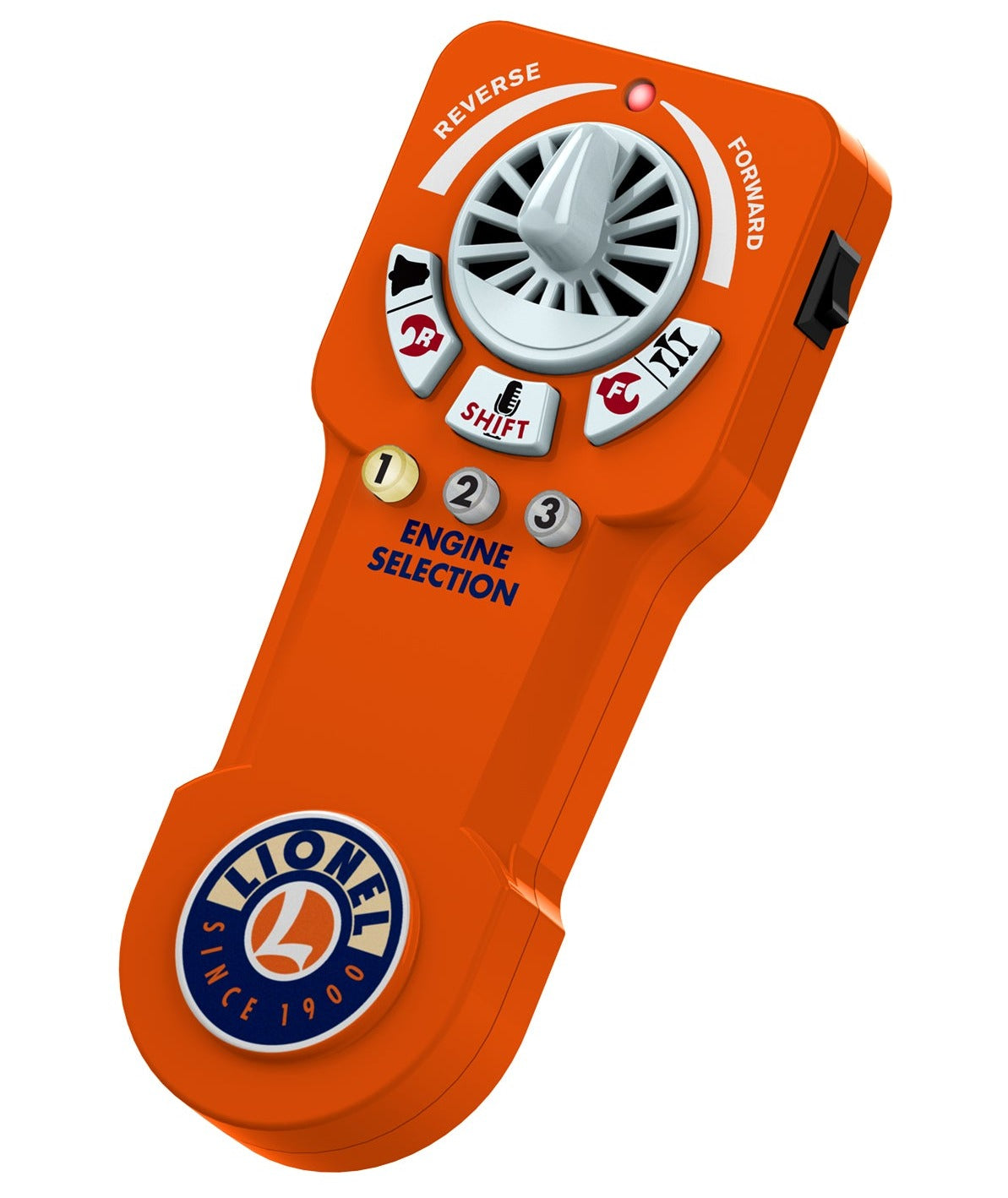 Orange Lionel remote with control knob and buttons.