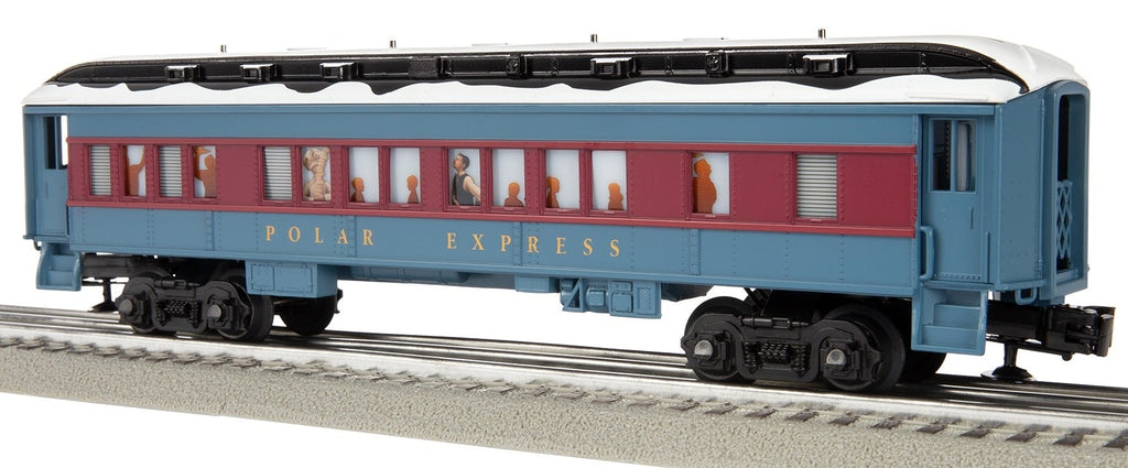 Polar Express Passenger car with snow on roof.