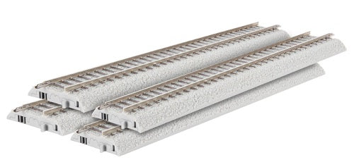 A set of four 9-inch straight HO scale train tracks made by Lionel.