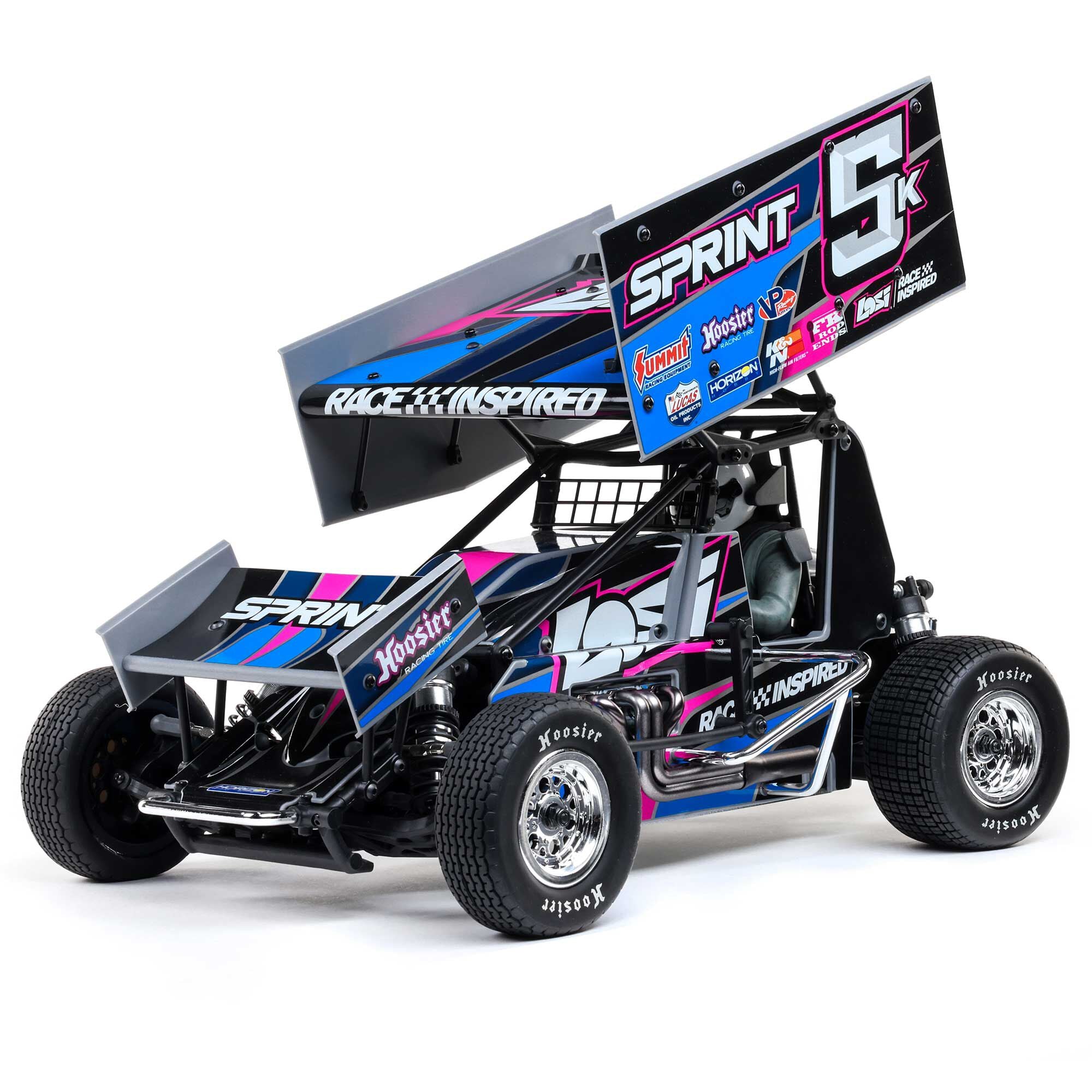 Blue and pink sprint car with number 5