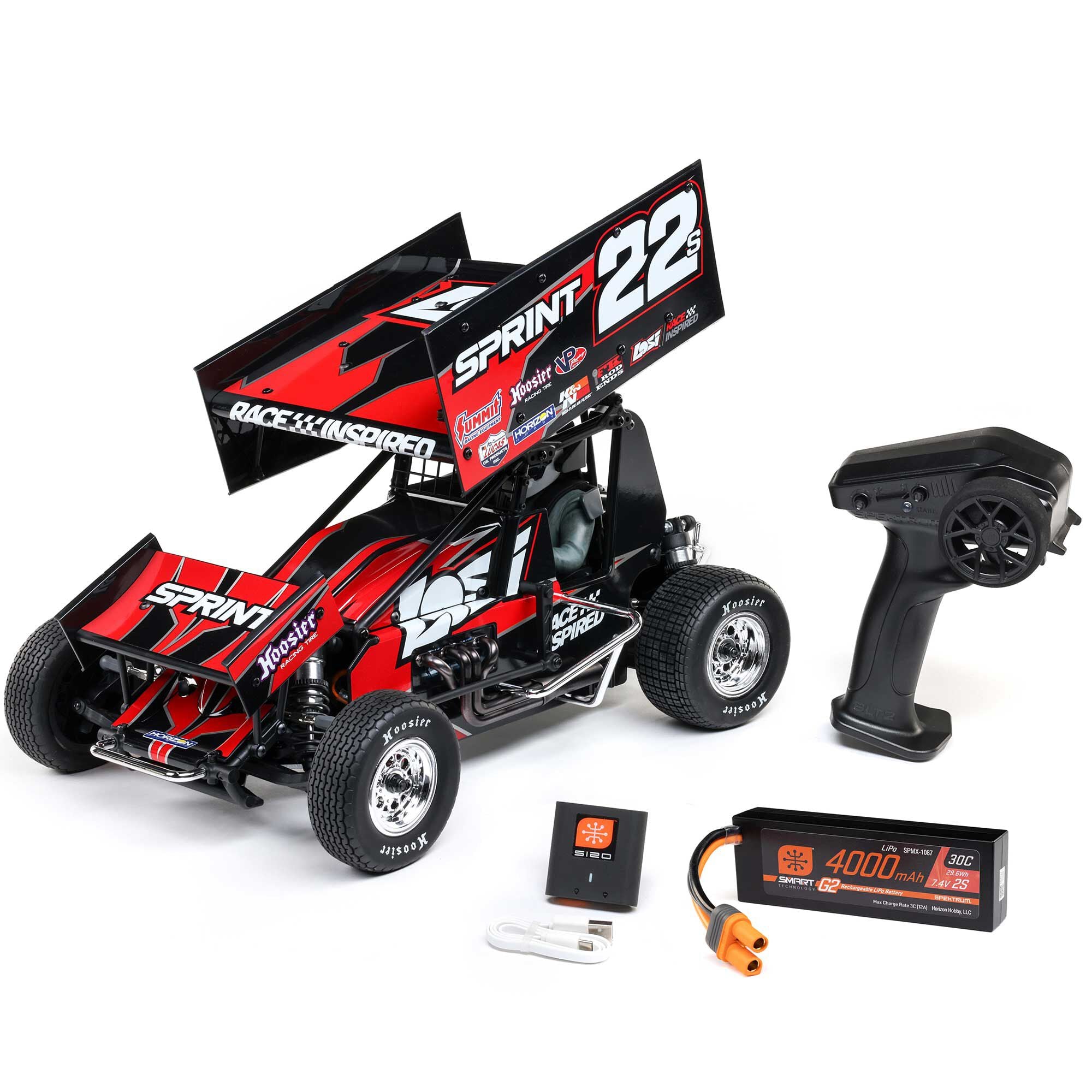 Red and Black sprint car with remote control, battery, and charger.