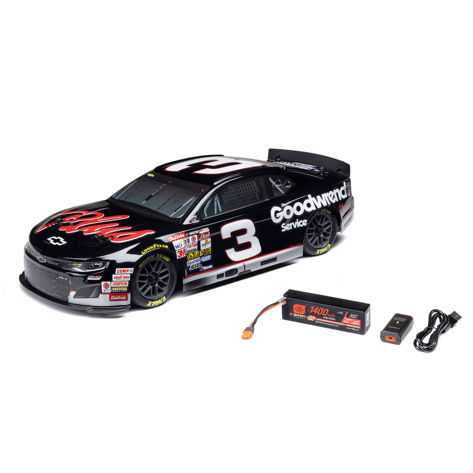 Remote control car featuring a NASCAR body with battery and charger.