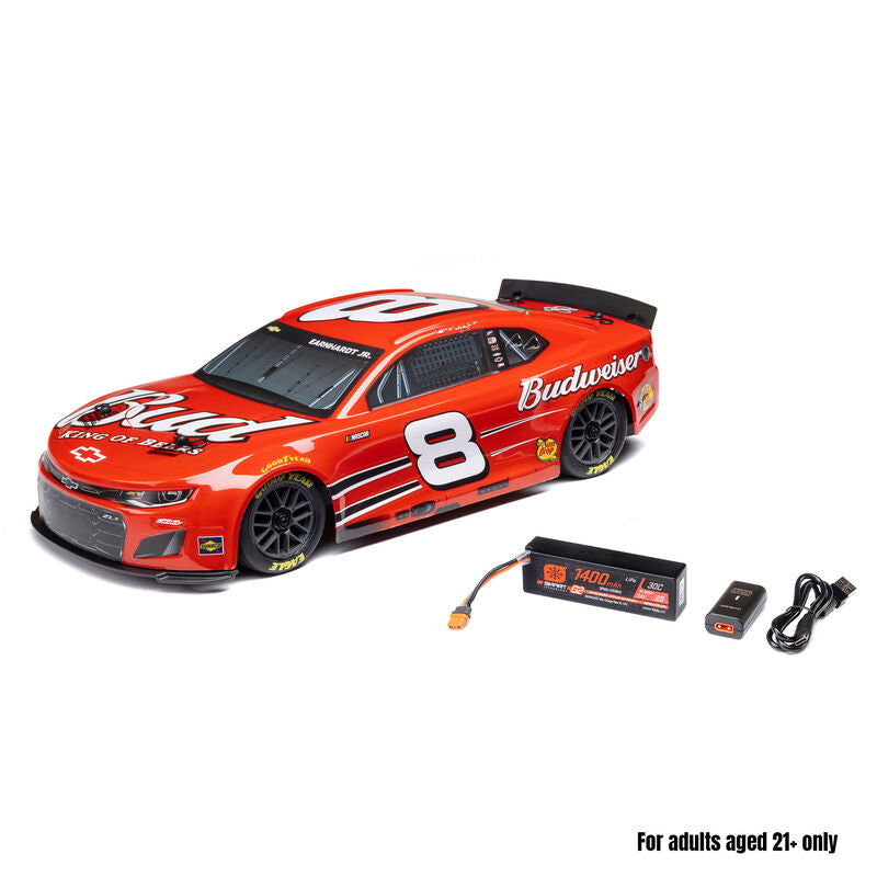 Model race car with Budweiser branding and remote control components on a white background