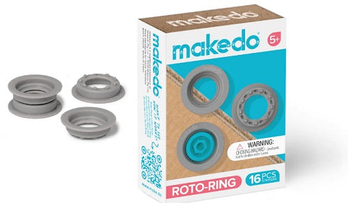 Makedo Roto-Ring packaging with gray rings on a white background