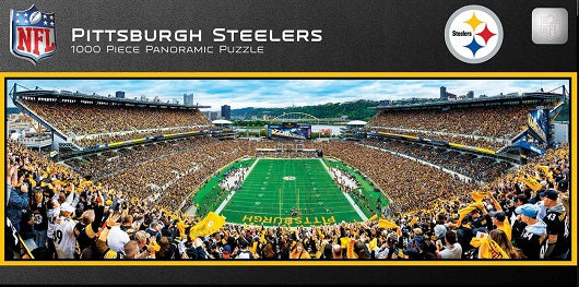Pittsburgh Steelers 1000 piece panoramic puzzle packaging with stadium view and team logo.
