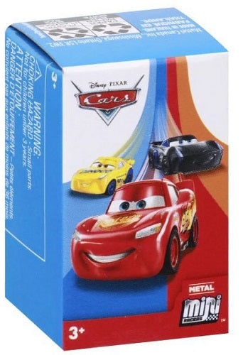 Box of Disney Pixar Cars toy with a red, a yellow, and a black car on the box.