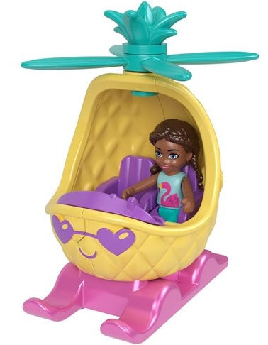 Pineapple shaped helicopter with a toy doll sitting in the pilot's seat.