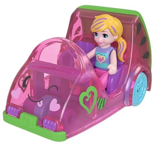Pink car shaped like a slice of watermelon with a toy doll sitting  in the driver's seat.