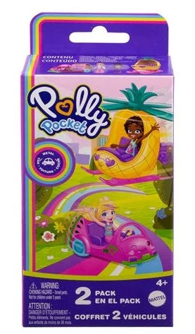 Packaging for Polly Pocket Cars 2-Pack with illustrations of a pineapple and watermelon car, along with a micro doll.
