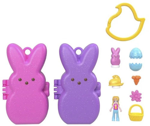 Polly Pocket Peeps Compact toy set featuring a Polly doll, one pink and one purple Peeps shaped compacts and other accessories.