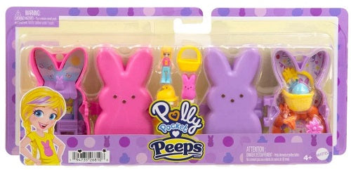 Packaging of Polly Pocket Peeps Compact toy set featuring a Polly doll, one pink and one purple Peeps shaped compacts and other accessories.