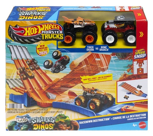 Hot Wheels Monster Trucks toy set packaging with trucks and track