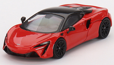 1/64 scale model car of a McLaren Artura, red color with a black roof.