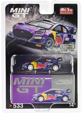 1/64 scale model car of a Ford Puma Rally M in a clam shell package.