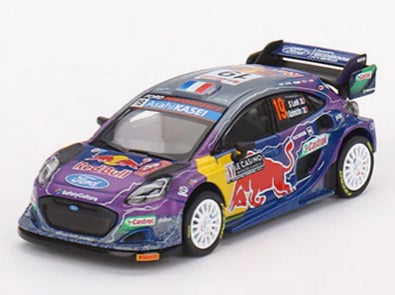 1/64 scale model car of a Ford Puma Rally M purple, blue, yellow and red in color with white wheels.