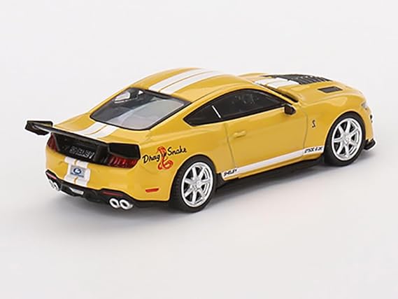 1/64 scale model of a yellow with 2 white stripes down the hood, roof, and trunk Shelby GT500 Dragon Snake concept car.