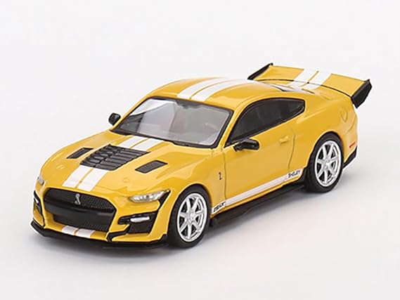 1/64 scale model of a yellow with 2 white stripes down the hood, roof, and trunk Shelby GT500 Dragon Snake concept car.