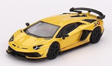 1/64 scale diecast model of a yellow Lamborghini Aventador SVJ Giallo Orion.