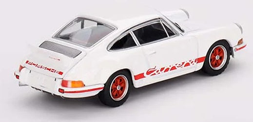 A 1/64 scale diecast model of a Porsche 911 Carrera RS 2.7 in white color with red detailing.