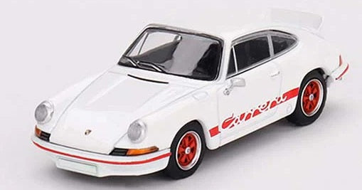 A 1/64 scale diecast model of a Porsche 911 Carrera RS 2.7 in white color with red detailing.